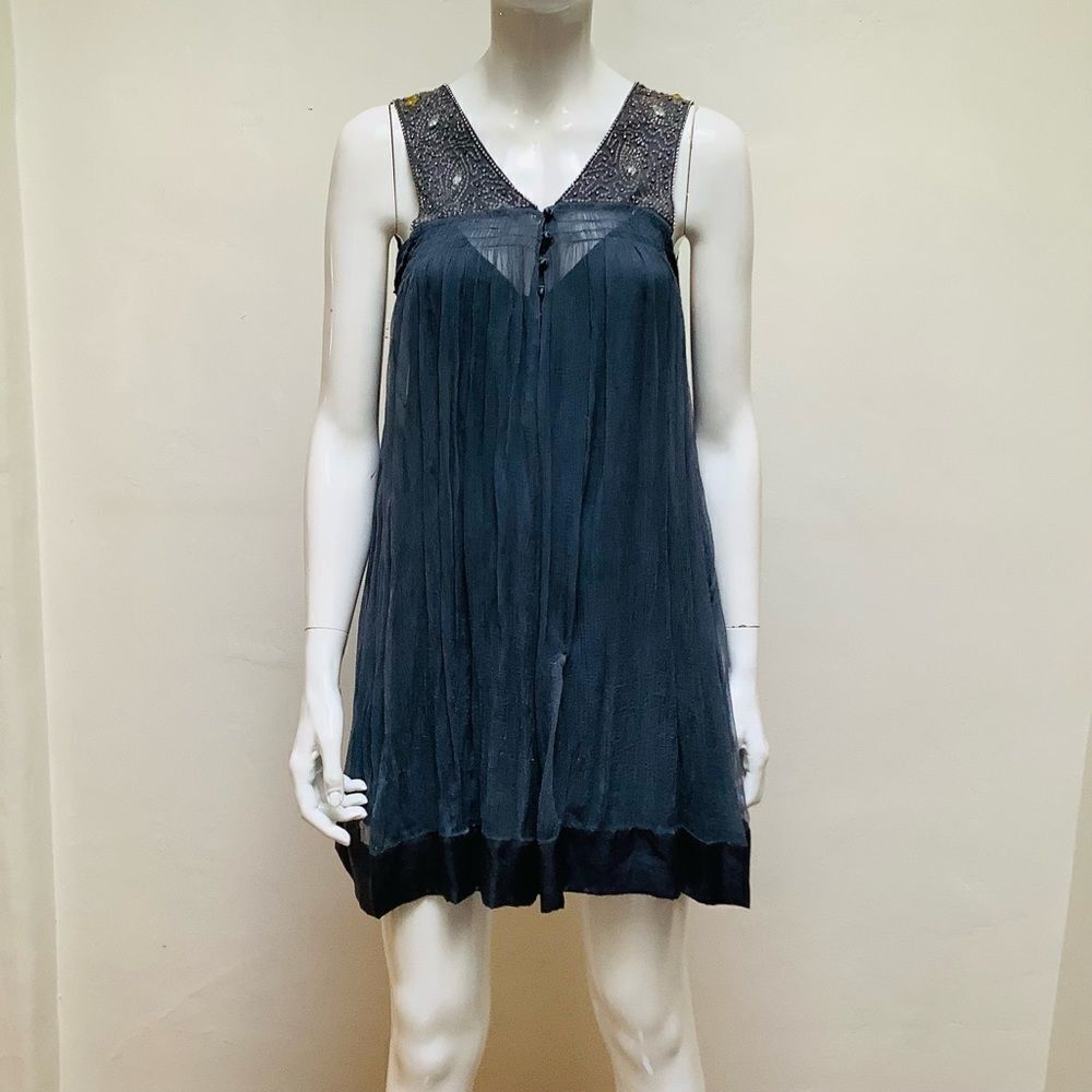 BONNIE STRAUSS SILK BEADED MINI DRESS SHEER MEDIUM